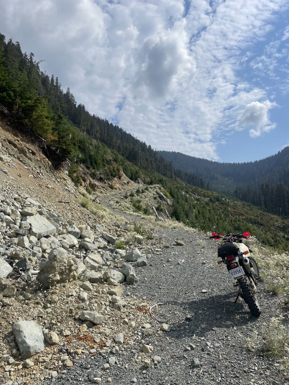 Motorcycle riding a rough rock-strewn logging spur cut into a steep hillside, forested ridges behind